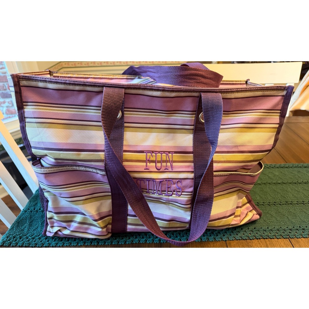 Thirty-One Organizing Utility Tote Purple Striped Fun Times Canvas Bag